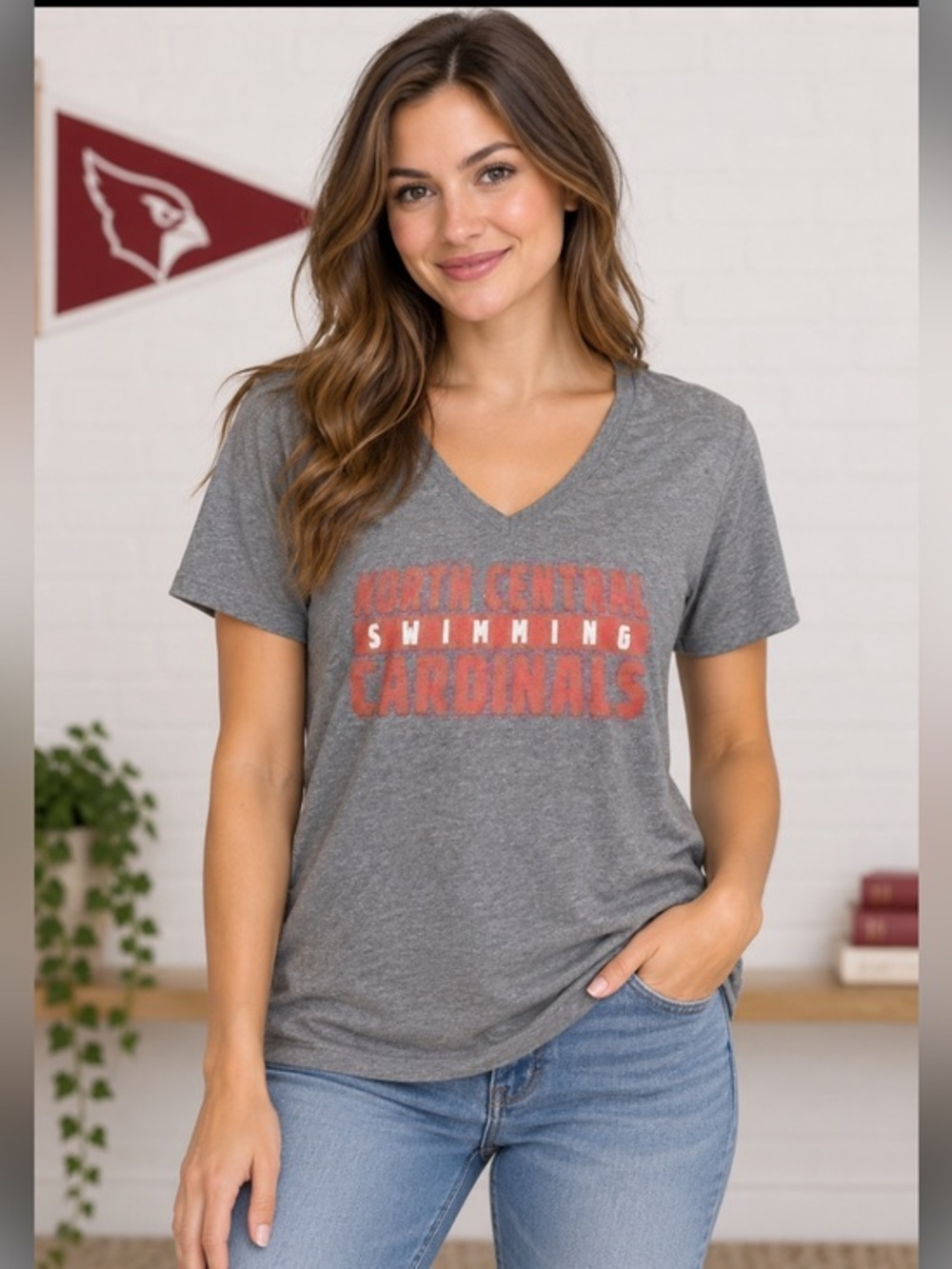 North Central Cardinals Swimming Gray V Neck Graphic T Shirt Small